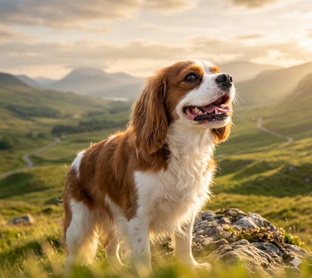 Een Cavalier King Charles Spaniel staat trots op een rotsachtige heuvel in het Schotse Hoogland, badend in het zachte licht van de ondergaande zon.